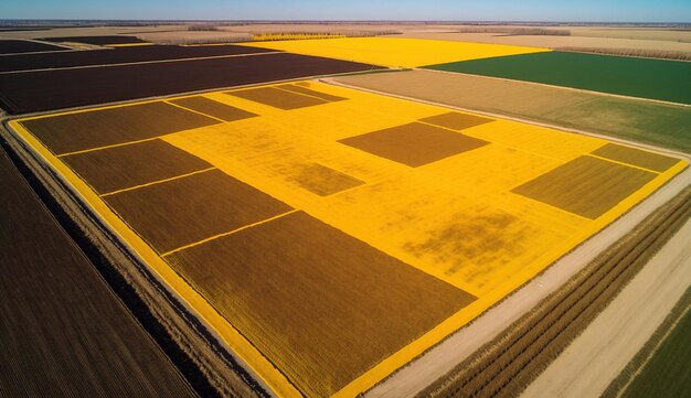 AI gerativa Paisagem da fazenda Campos agrícolas de trigo Belas estradas rurais Natureza Ilustração fotorrealista vista superior bandeira horizontal de drone