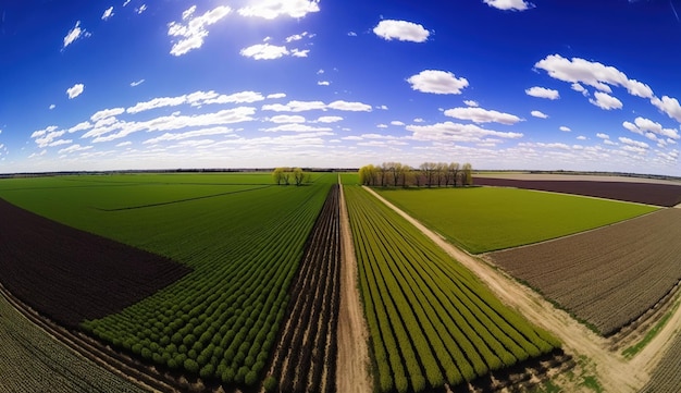 AI gerativa Paisagem da fazenda Campos agrícolas de trigo Belas estradas rurais Natureza Ilustração fotorrealista vista superior bandeira horizontal de drone