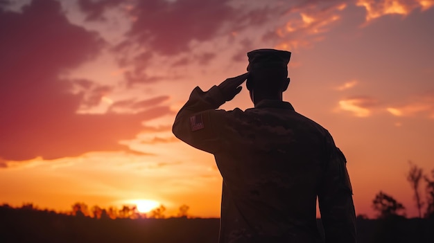 Ai gerou a ilustração da silhueta de soldado masculino do exército americano orgulhoso saudando contra o pôr do sol