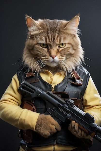 Ai gerou Cat em elegante uniforme militar segurando uma submetralhadora