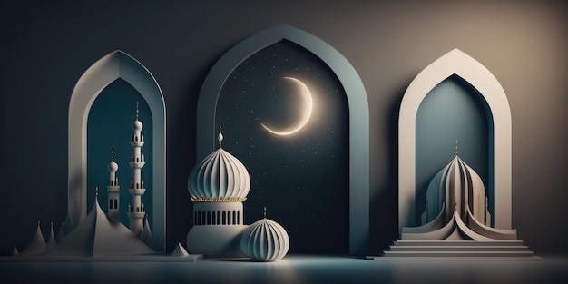 Ai gerou ilustração de cartão festivo para o mês sagrado muçulmano Ramadan Kareem com mesquita e crescente