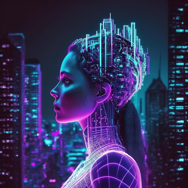 Ai gerou ilustração de mulher ciborgue de inteligência artificial na cidade futurista de neon cyberpunk