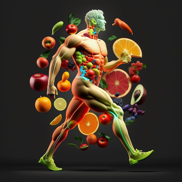 Ai gerou ilustração homem correndo com muita energia Fruta formando um corpo humano