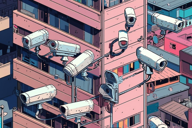 Ai gerou ilustração Muitas câmeras de CCTV na parede do apartamento do edifício