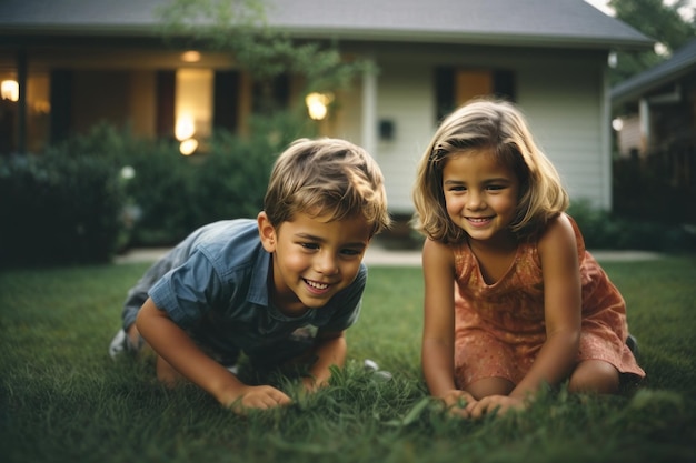 AI gerou irmão e irmã brincando no quintal, fotografia com flash do início dos anos 2000