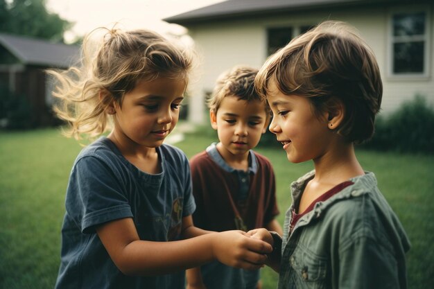 AI gerou irmão e irmã brincando no quintal, fotografia com flash do início dos anos 2000