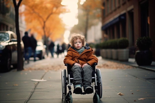 Foto ai gerou retrato sincero autêntico de criança com deficiência, menino com emoção triste em cadeira de rodas, queda ao ar livre