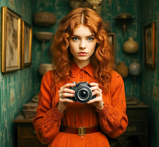 AI gerou um retrato de uma mulher ruiva segurando uma câmera Dia Mundial da Fotografia