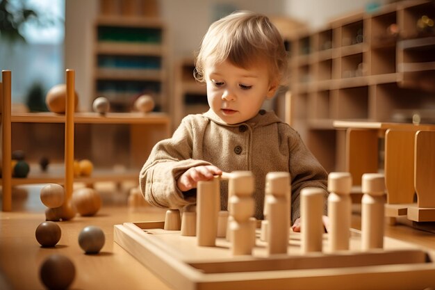 Ai gerou uma criança bonitinha brincando no centro de desenvolvimento infantil montessori