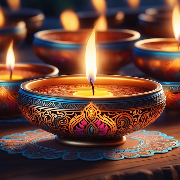 Ai gerou uma ilustração do festival de Diwali com Rangoli sob a lâmpada Diya