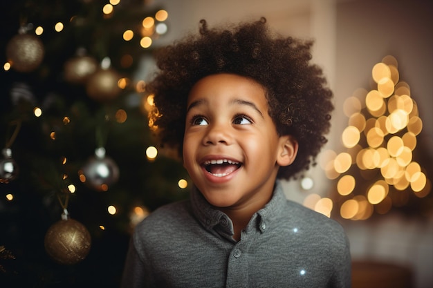 AI gerou uma imagem fotográfica de uma criança feliz e adorável na sala celebrando o ano novo desfrutando de um tempo mágico