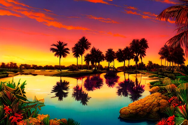 AI de las hermosas palmeras con puesta de sol en el fondo