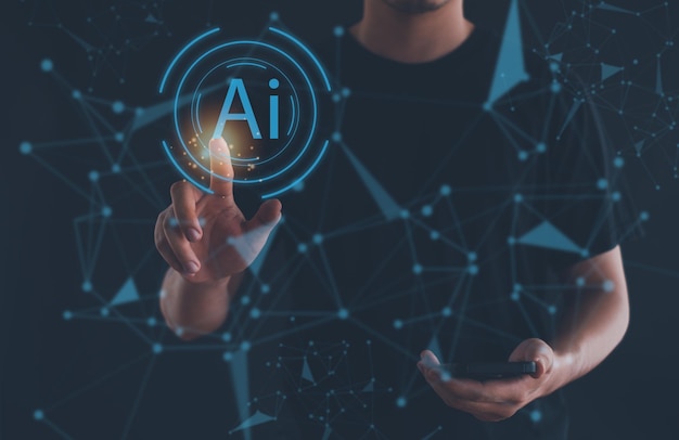 AI hombre usando tecnología teléfono inteligente inteligencia artificial por introducir el mensaje de comando para genera algo charla con AI
