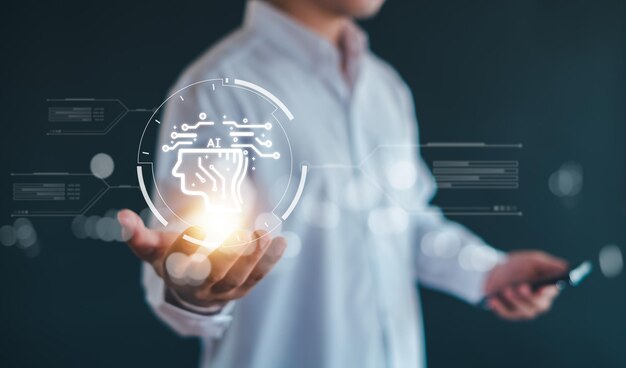 AI hombre usando tecnología teléfono inteligente inteligencia artificial por introducir el mensaje de comando para genera algo charla con AI