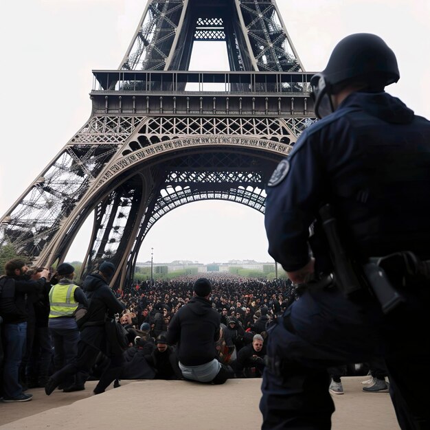 Foto ai-illustration einer menschenmenge, die sich vor einem eiffelturm für die proteste gegen die rentenreformen versammelt