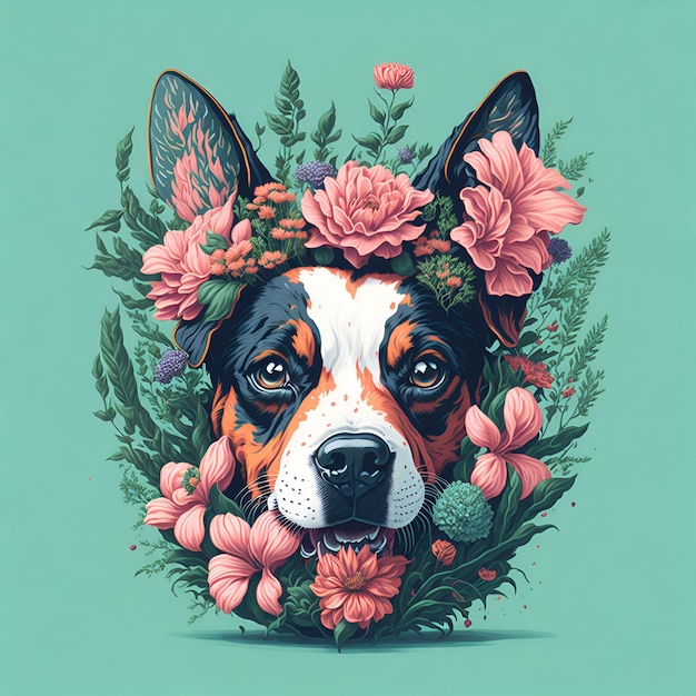 Ai_illustration_vintage_dog_face_green_branches_pink_flowers