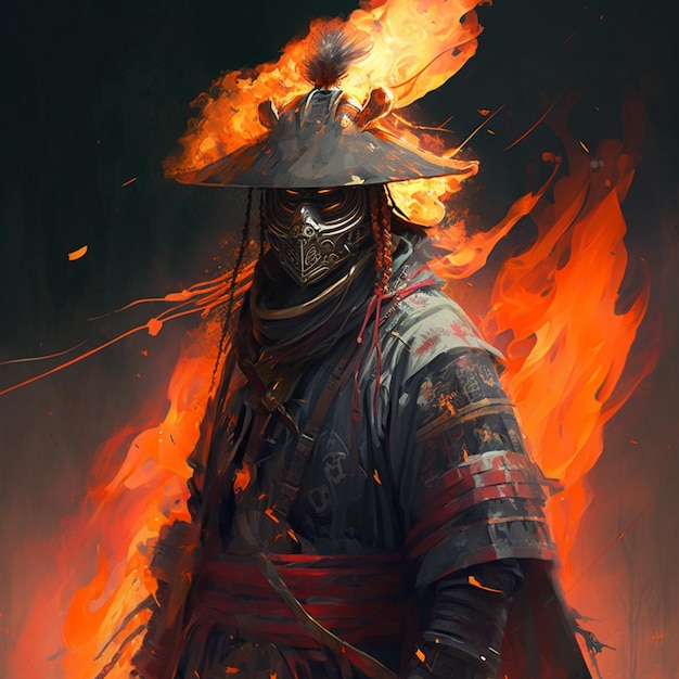 Ai ilustração generativa uma pintura de um samurai com um fogo no rosto