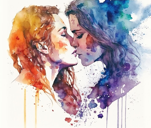 AI Ilustración de acuarela generativa de dos mujeres homosexuales besando a una pareja enamorada