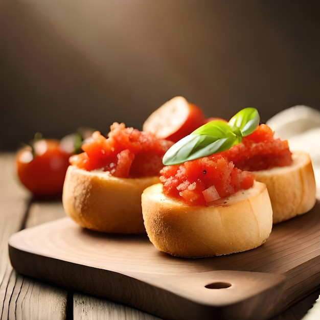 Ai ilustración fotográfica de una deliciosa bruschetta sobre una tabla de madera en una cocina rústica con natural