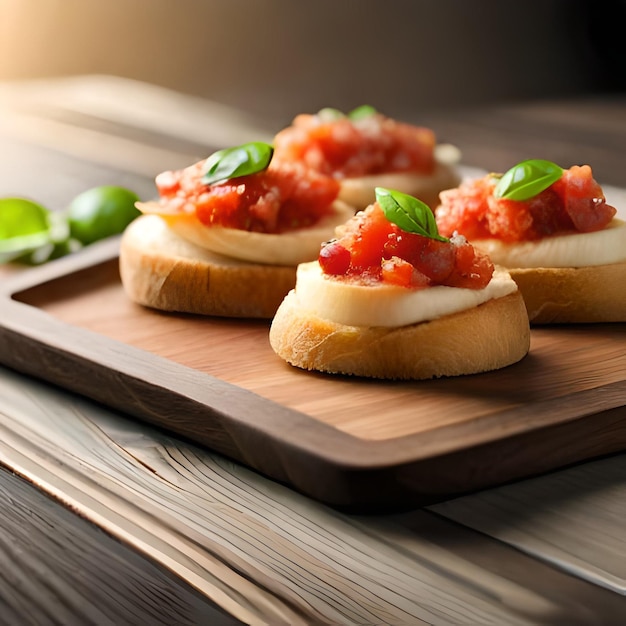 Ai ilustración fotográfica de una deliciosa bruschetta sobre una tabla de madera en una cocina rústica con natural