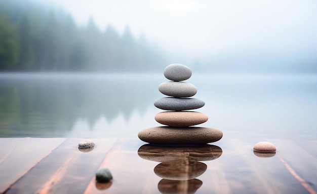 Ai imagen generativa Zen equilibrando guijarros en un tablón de madera junto a un lago