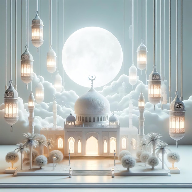 Foto ai imágenes ramadán mubarak noche con mezquita blanca linterna brillante y fondo de cielo nublado