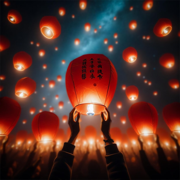 Ai imagens de uma pessoa de mãos dadas e fazendo voar uma lanterna vermelha do Ano Novo Lunar Chinês à noite