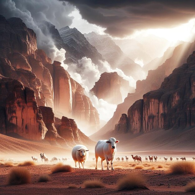 Ai imagens Eid al adha ovelhas vaca e camelo caminhando através do deserto rocha montanha vale no