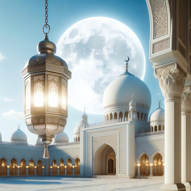 Foto ai imagens ramadan mubarak noite com mesquita branca lanterna brilhante e fundo de céu nublado