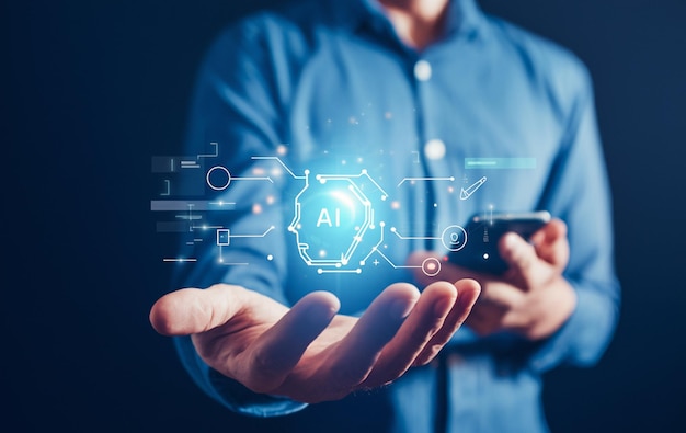 AI Inteligencia Artificial y concepto de tecnología educativa Un hombre usa portátiles Aprende lecciones y en