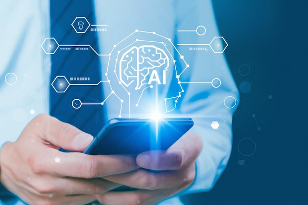 AI Inteligencia Artificial y concepto de tecnología educativa Un hombre usa portátiles Aprende lecciones y en