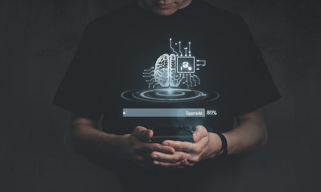 AI Inteligencia Artificial y concepto de tecnología educativa Un hombre usa portátiles Aprende lecciones y en