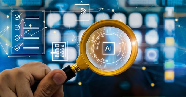 AI Inteligencia Artificial y concepto de tecnología educativa Un hombre usa portátiles Aprende lecciones y en
