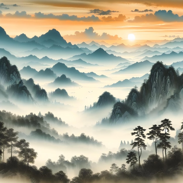 AI klassische chinesische Aquarellmalerei mit wunderschönen Landschaften und Bergen