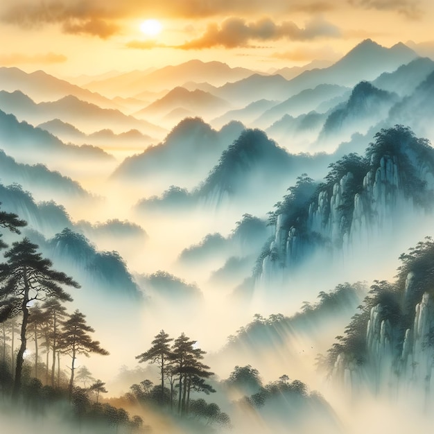 AI klassische chinesische Aquarellmalerei mit wunderschönen Landschaften und Bergen