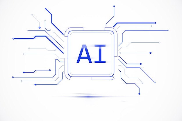 AI-Logo mit blauen Schaltkreisverbindungen auf weißem Hintergrund, das künstliche Intelligenz und maschinelle Lerntechnologie symbolisiert 3D-Rendering