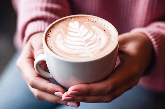 Ai manos de mujer generativas con taza de café con arte latte