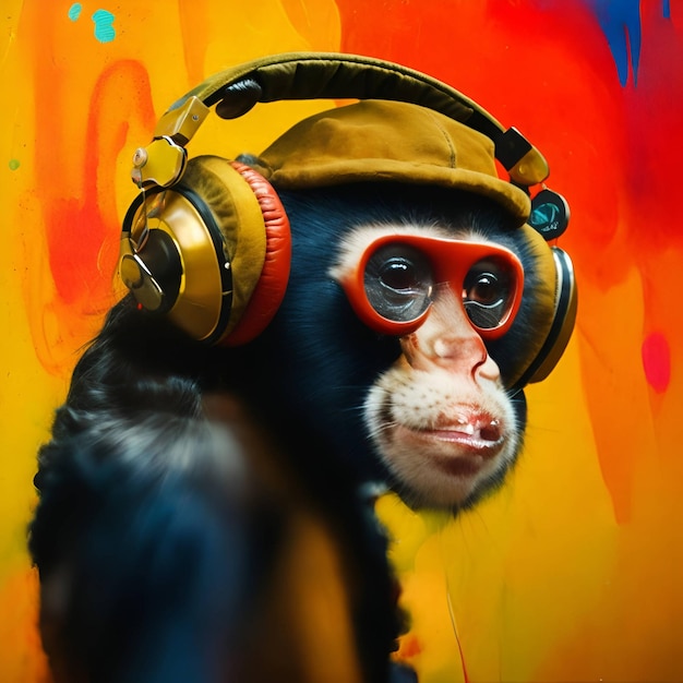 Foto ai de mono con auriculares en coloridos graffitis inspirados en retratos de animales en estilo tech punk