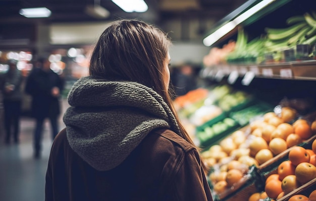 Ai mulher generativa escolhendo frutas no supermercado