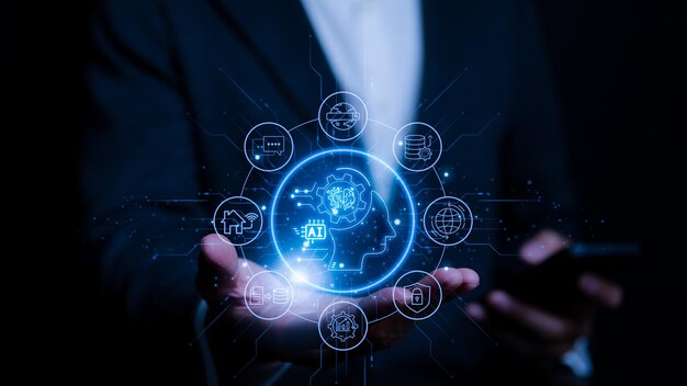 AI o Inteligencia Artificial Aprendizaje automático Estrategia de tecnología de transformación digital Utilizando AI para ayudar a trabajar o usar AI en la vida cotidiana y con la tecnología moderna de negocios Big Data