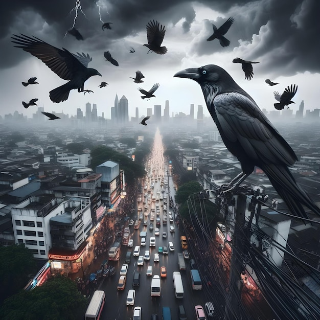 AI de pájaro cuervo de pie en un delgado cable eléctrico a una gran altura en un paisaje de calle ocupada