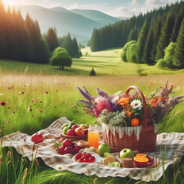 AI de un picnic en un prado verde con una canasta de frutas y flores