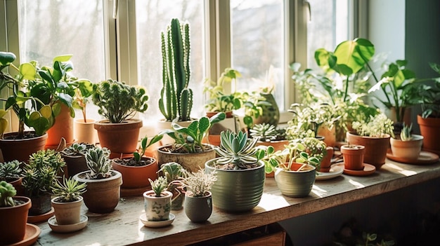 Ai plantas de interior en maceta generativas en el alféizar de la ventana en el interior