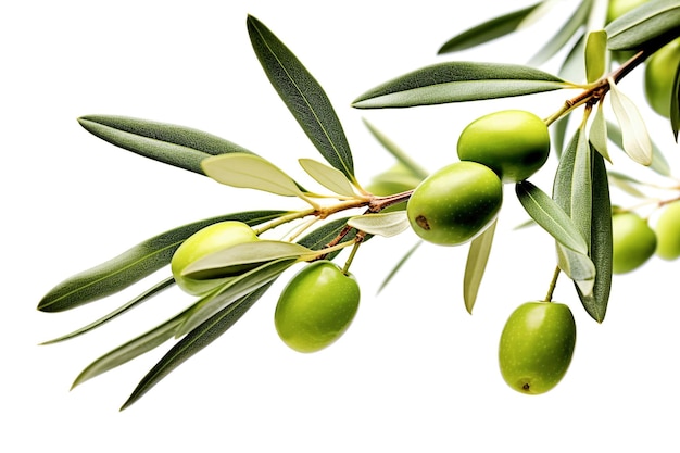 Ai ramo de oliveira generativo com azeitonas verdes em um branco