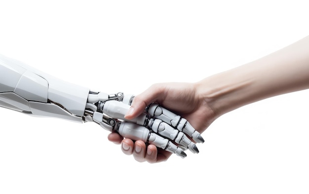 AI Robot apertando a mão de Humano isolado em branco