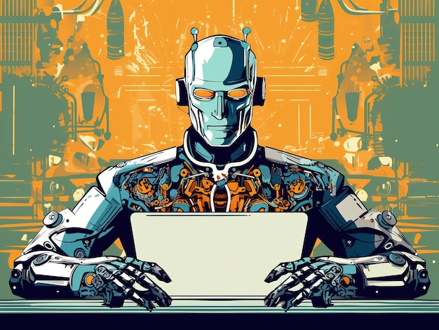 Foto ai robot arbeitet an einem laptop zukunftsroboterjob-industrie-vektor-illustration