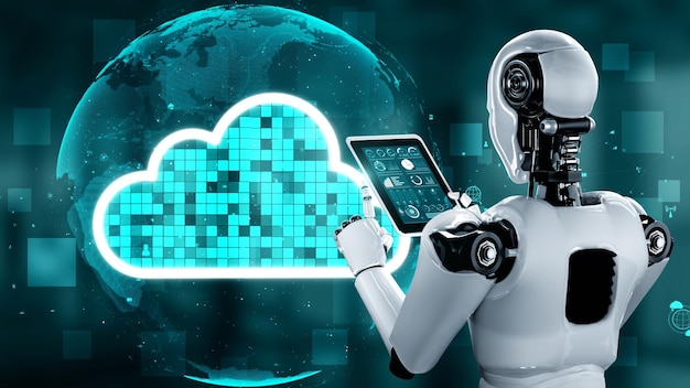 AI robot huminoid utiliza tecnología de computación en la nube para almacenar datos en un servidor en línea