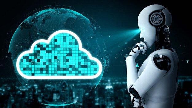 AI robot huminoid utiliza tecnología de computación en la nube para almacenar datos en un servidor en línea
