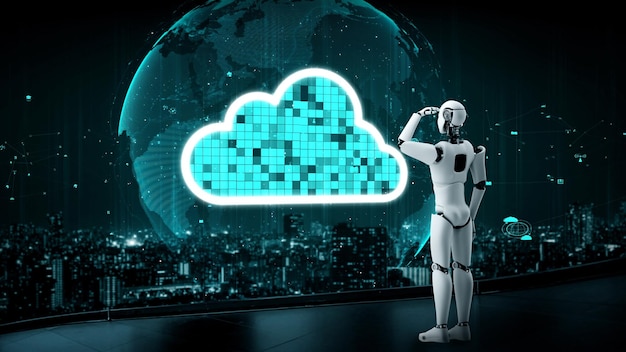 AI robot huminoid utiliza tecnología de computación en la nube para almacenar datos en un servidor en línea