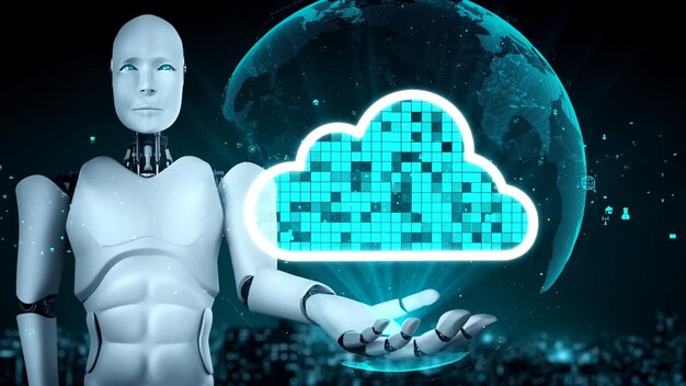 AI robot huminoid utiliza tecnología de computación en la nube para almacenar datos en un servidor en línea